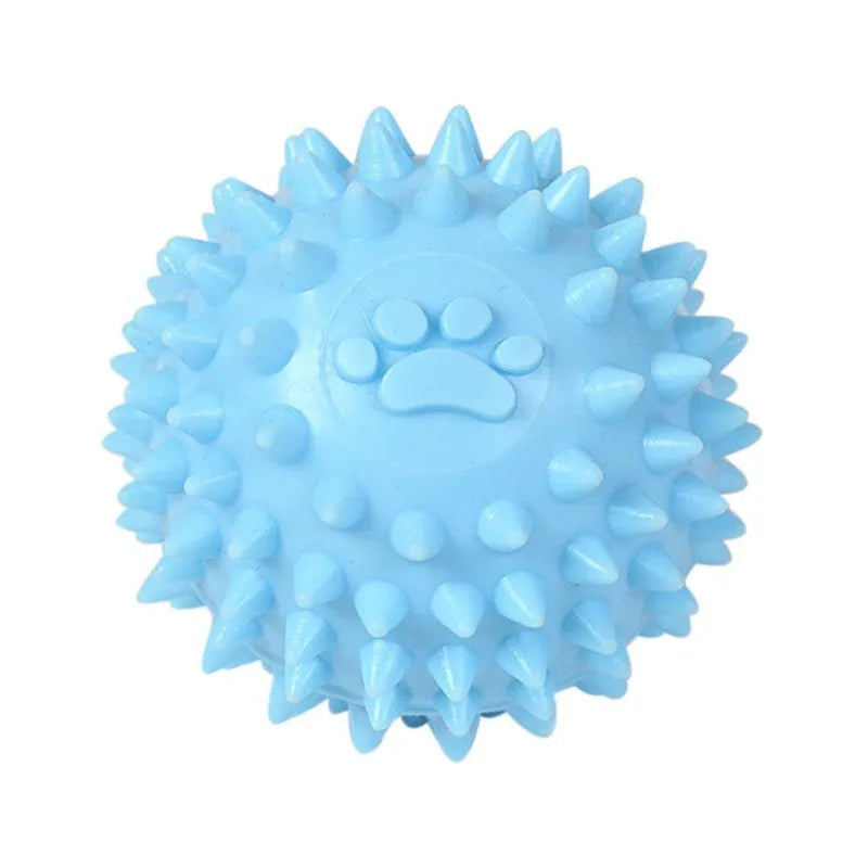 Blue TPR dog chewing toy footprint ball for tooth cleaning, 6cm diameter.