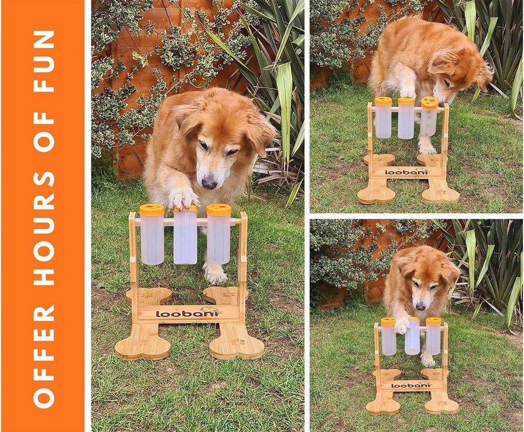 Wooden dog puzzle feeder interactive toy measuring 31x30x20cm for small medium dogs