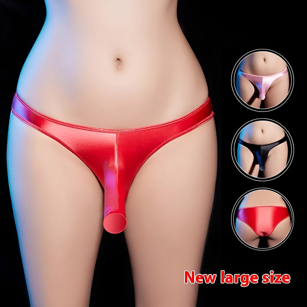 Men's low-waist T-back underwear in shiny nylon fabric, shown in multiple colour options.