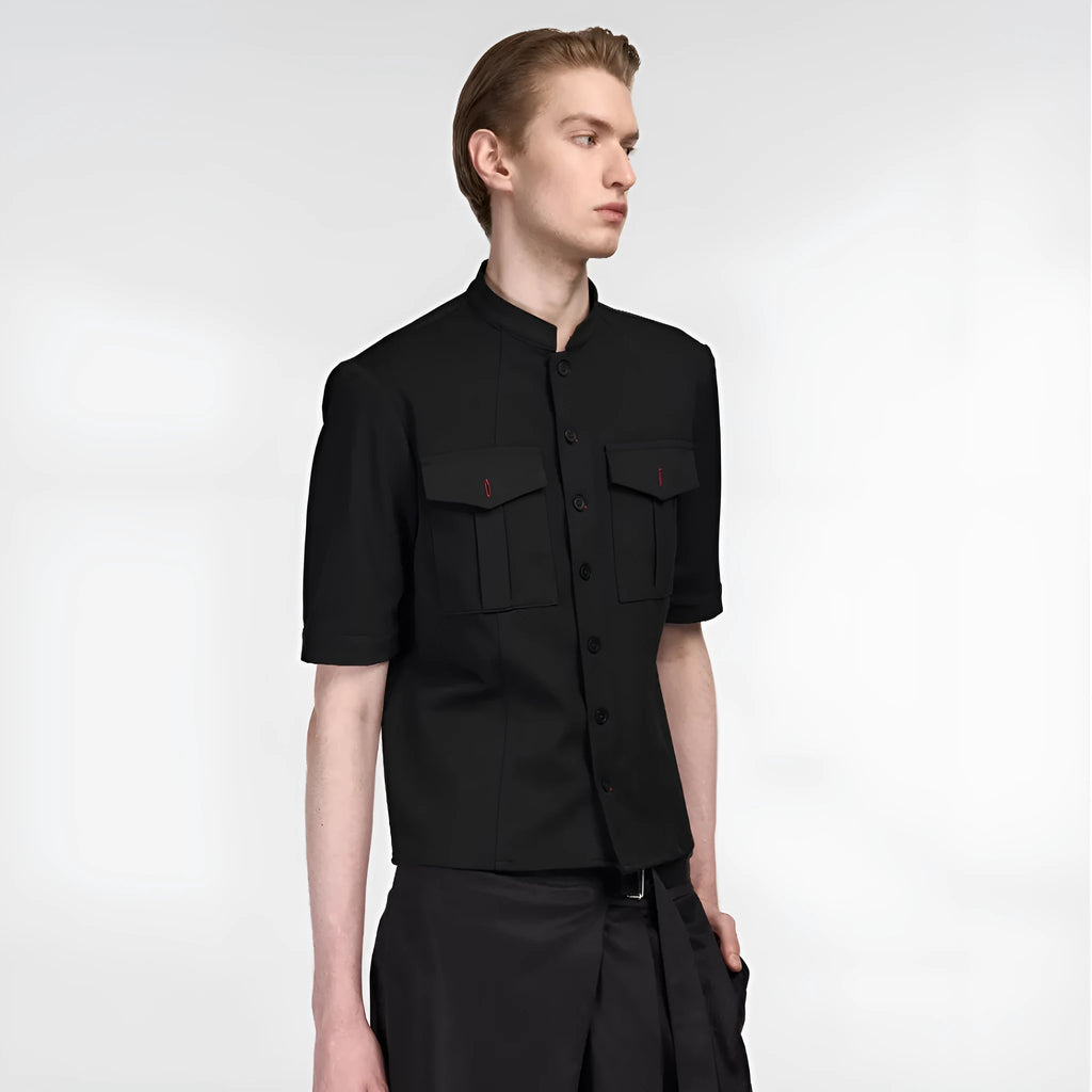 Handmade black hunting suit shirt with half sleeves, shirt collar, and single-breasted placket