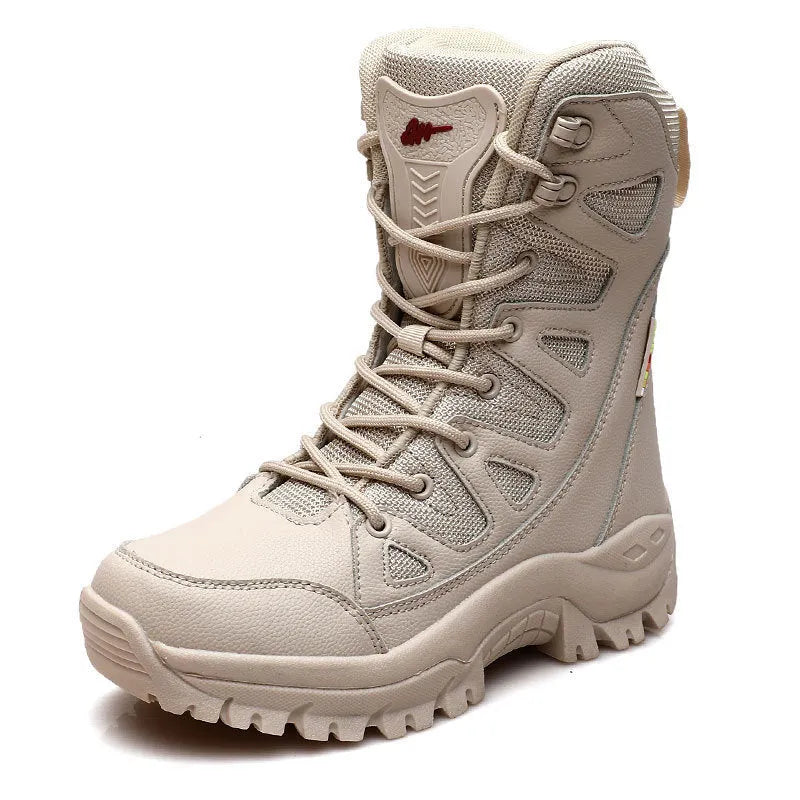 Men's brown cowhide leather hi-top hiking shoes with a platform sole on a rocky outdoor trail.
