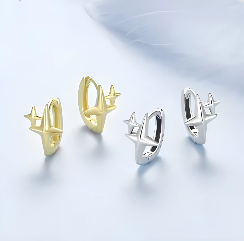 Minimalist sterling silver star clip earrings with oxidation treatment and XINGX celestial elements