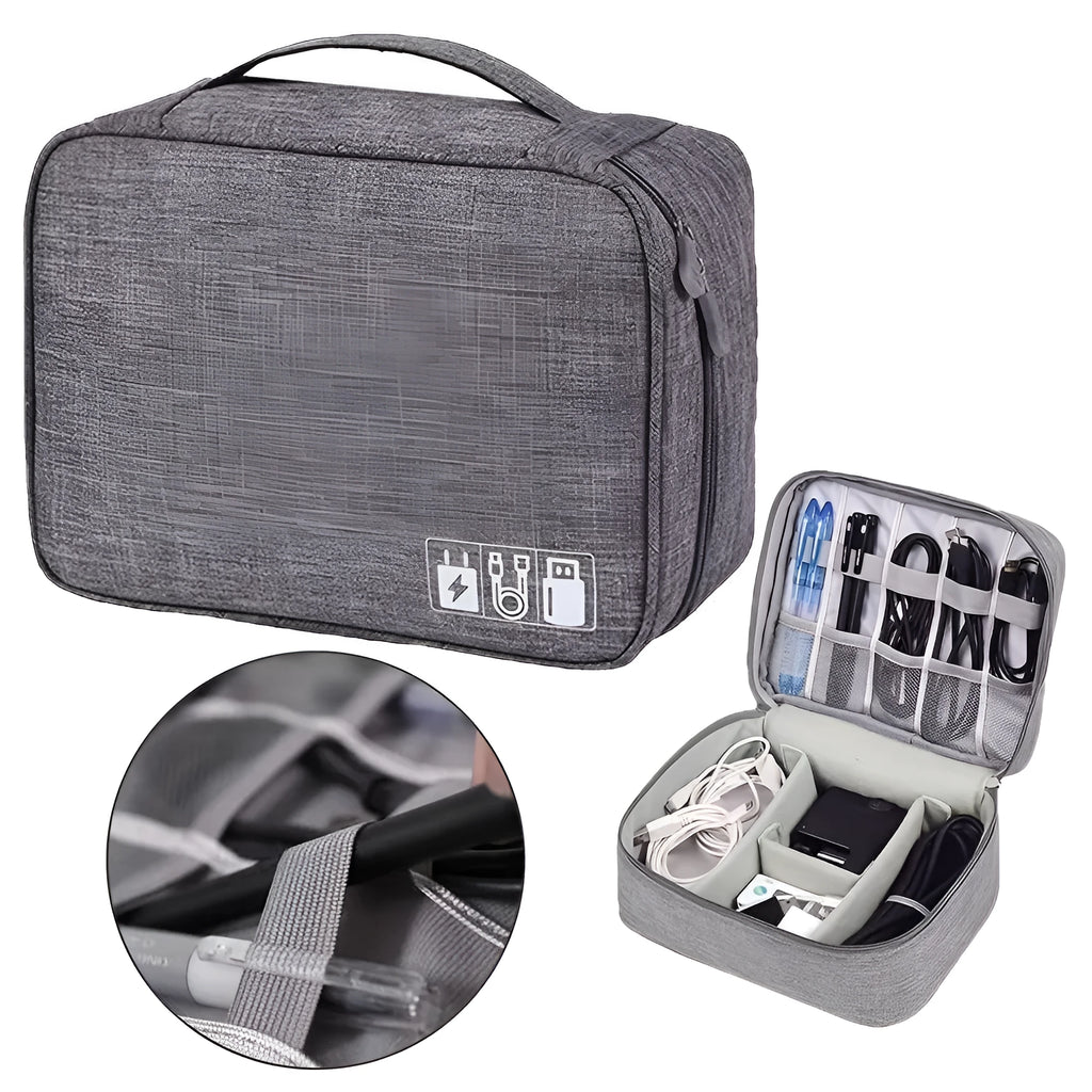 Black waterproof travel cable organiser bag open to show removable dividers and mesh pockets for electronics.