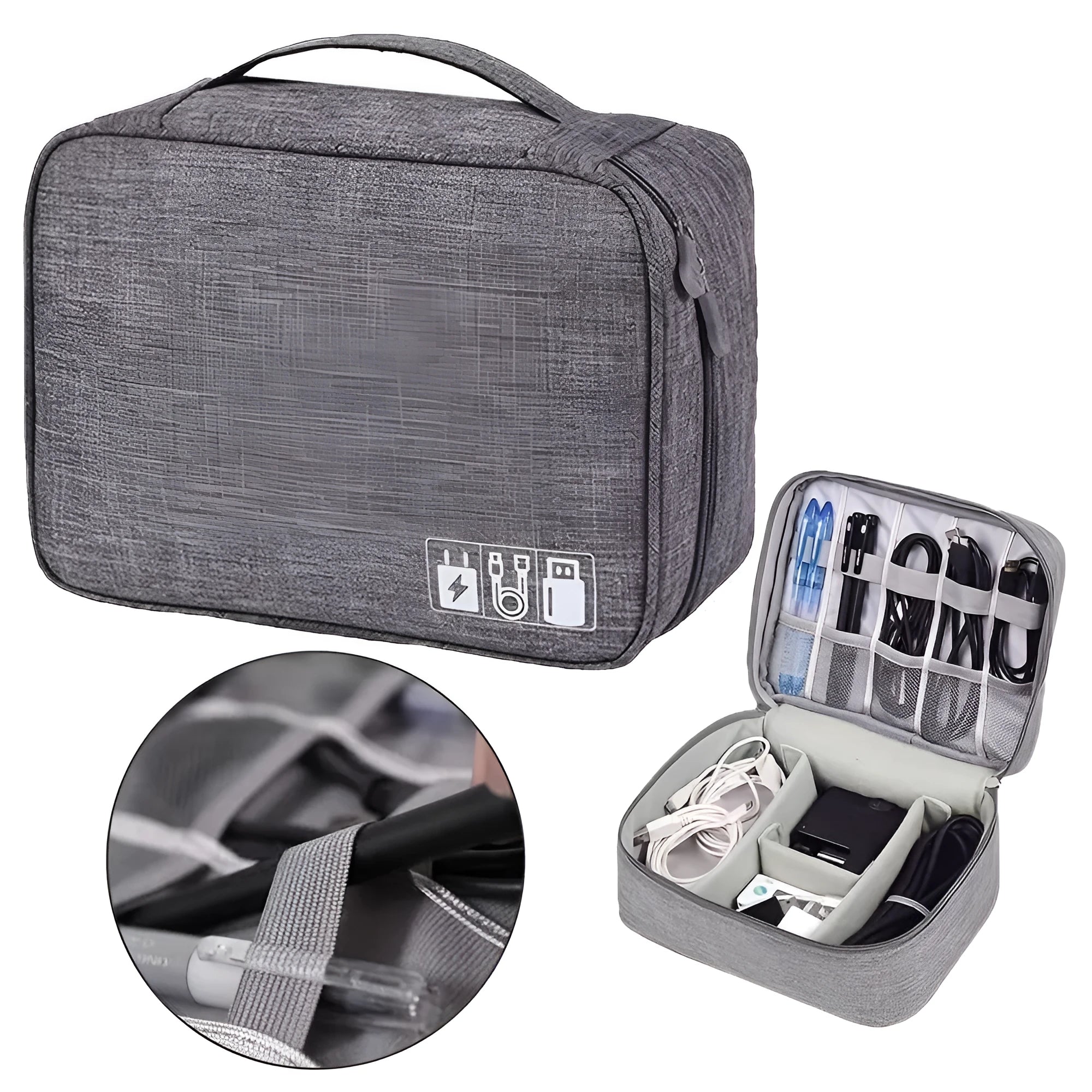 Black waterproof travel cable organiser bag open to show removable dividers and mesh pockets for electronics.