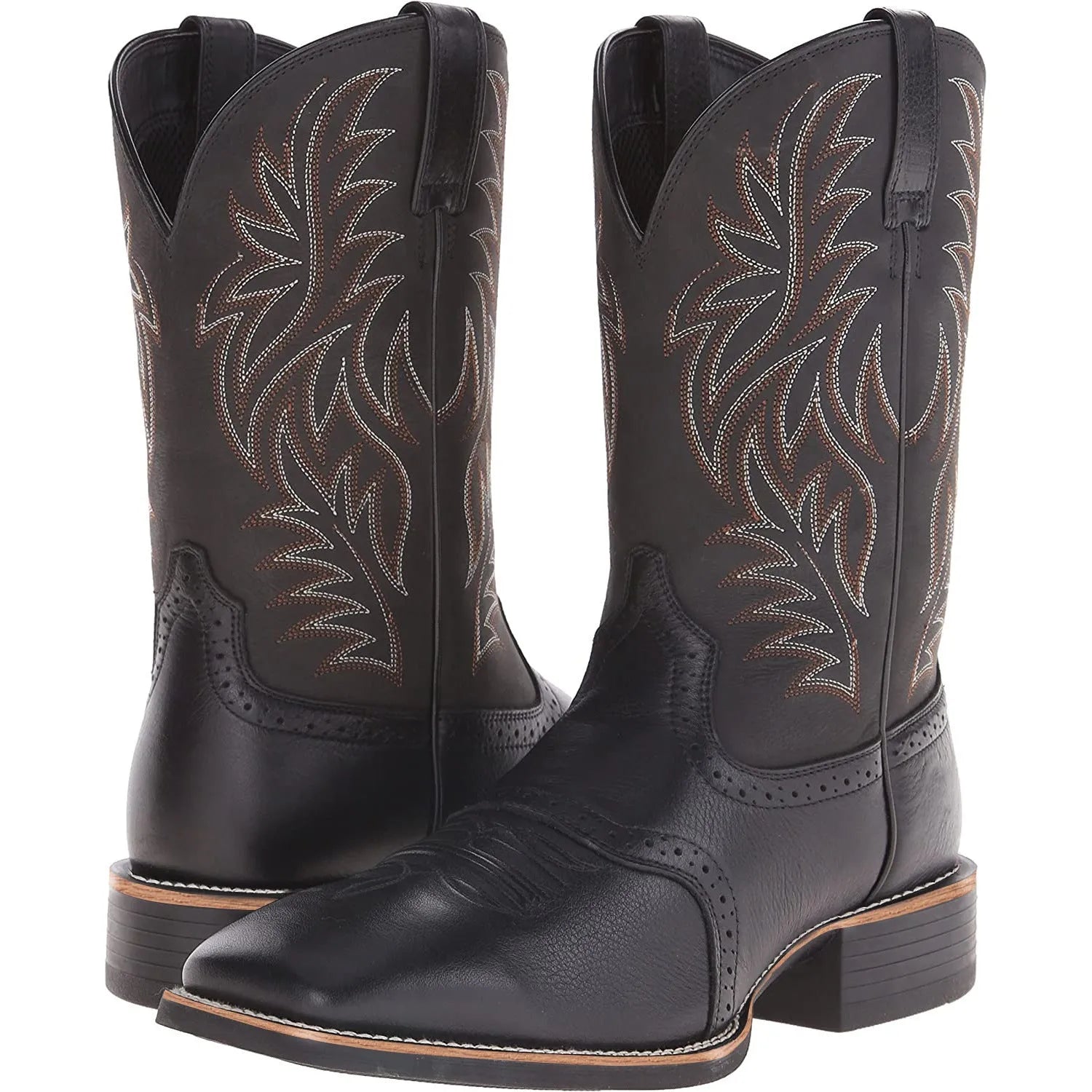 Men's black Western cowboy boots with intricate embroidery stitching, a wide square toe, and a high shaft.