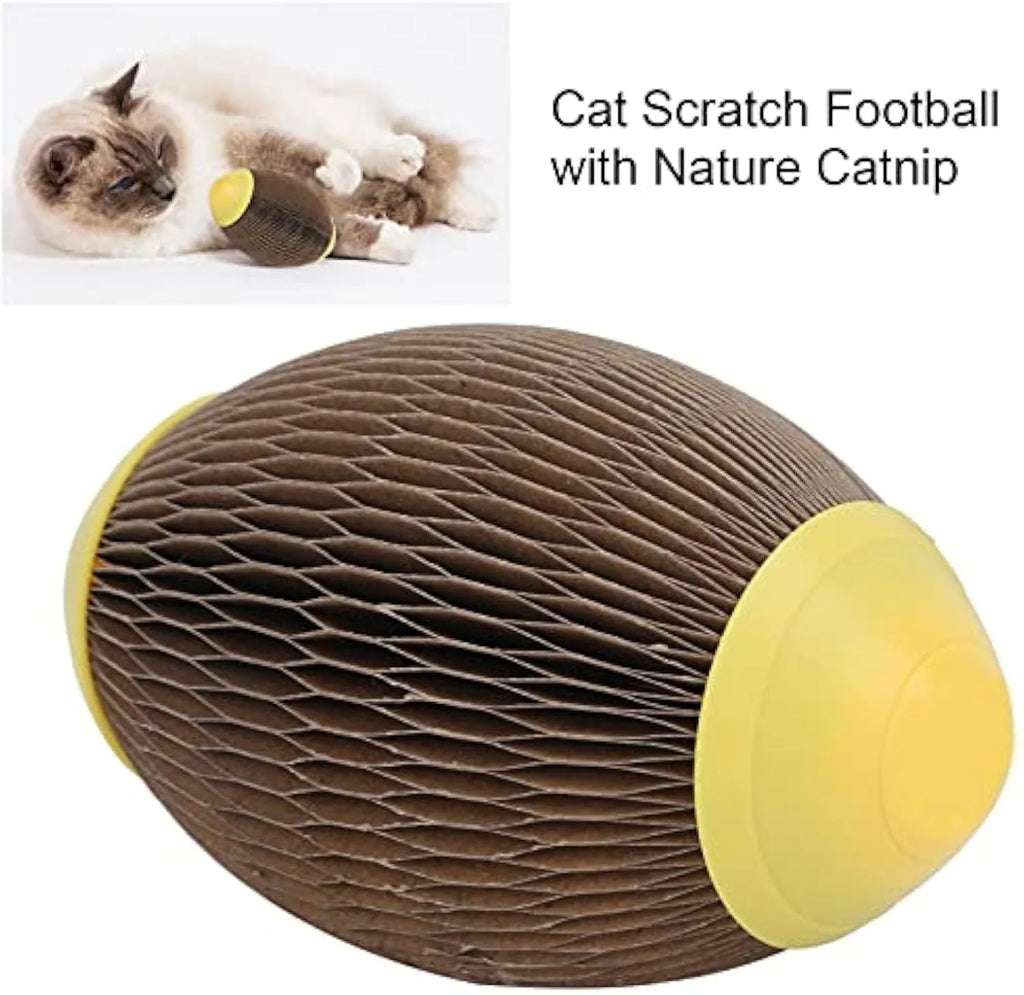 Ellipse-shaped corrugated paper catnip ball scratch toy for cats on a plain background