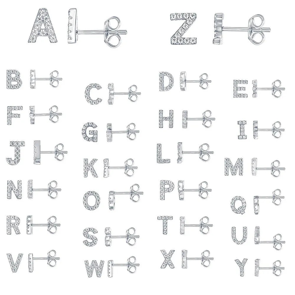 Brass gold plated alphabet letter earrings showing English character design with zircon elements