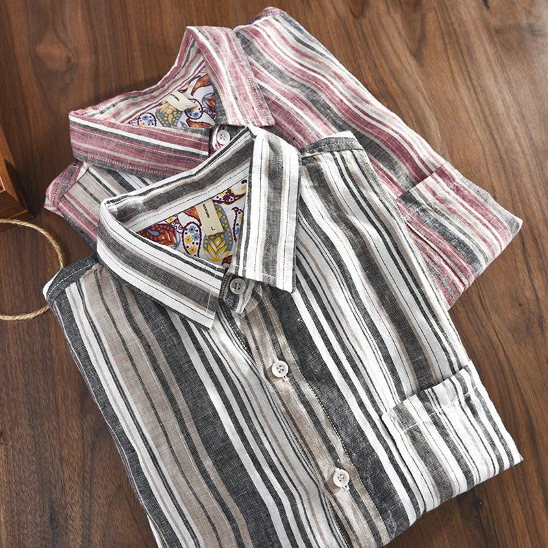 Men's casual linen striped shirt in loose fit with long sleeves available in red or grey colours