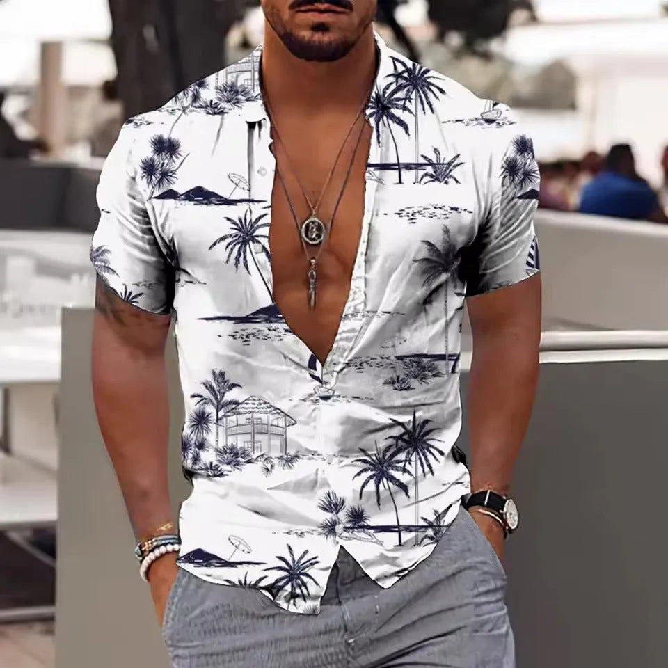 Men's floral printed short sleeve beach shirt in loose cardigan style