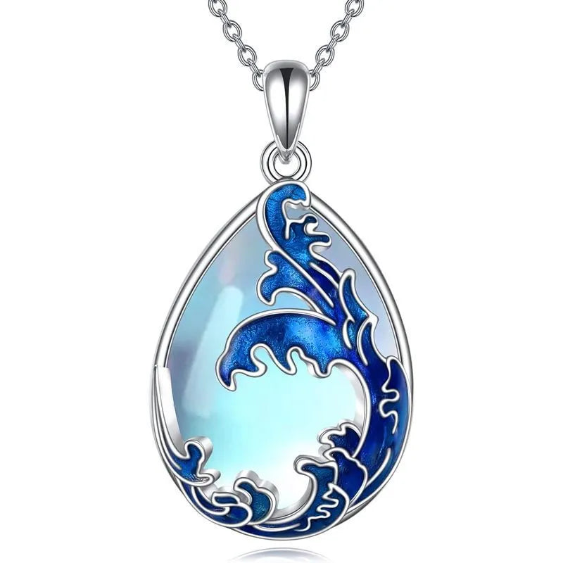 Moonstone blue alloy pendant necklace with heart-shaped design for women