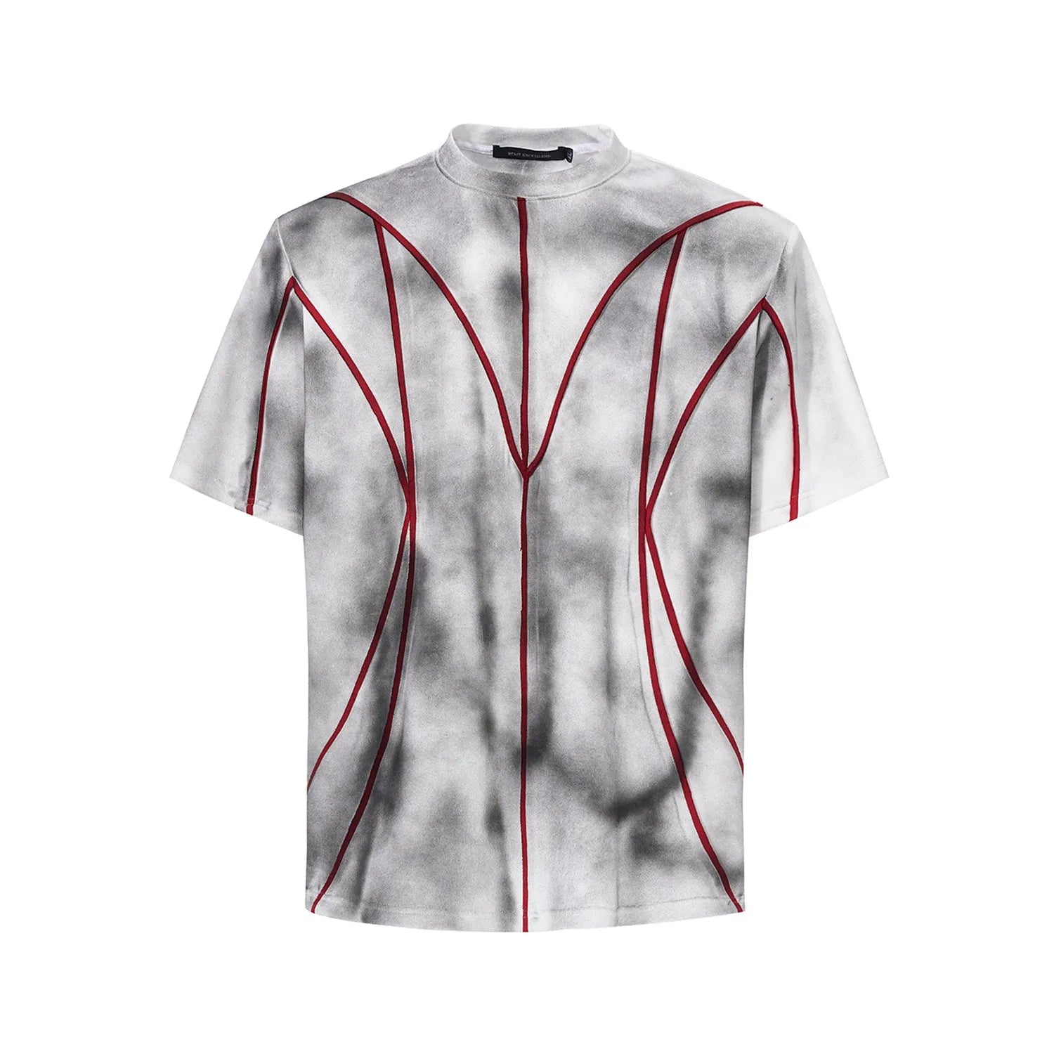 Women's padded shoulder short sleeve T-shirt with textured line patchwork design on front.