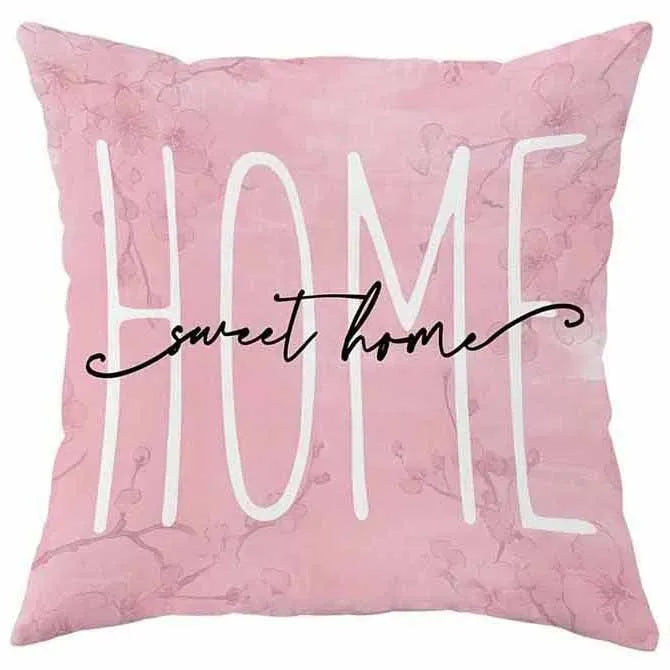 Square short velvet cushion cover with cherry blossom and letter print, 45x45cm.