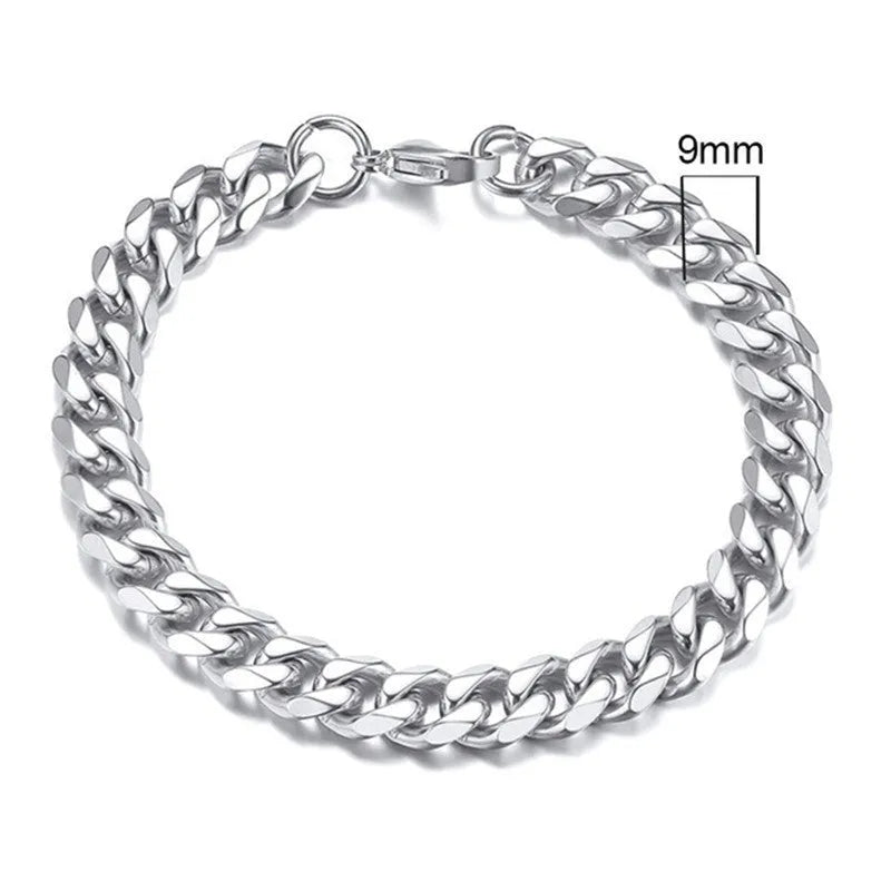 Six-sided geometric Cuban link metal bracelet in gold colour, shown in various widths.
