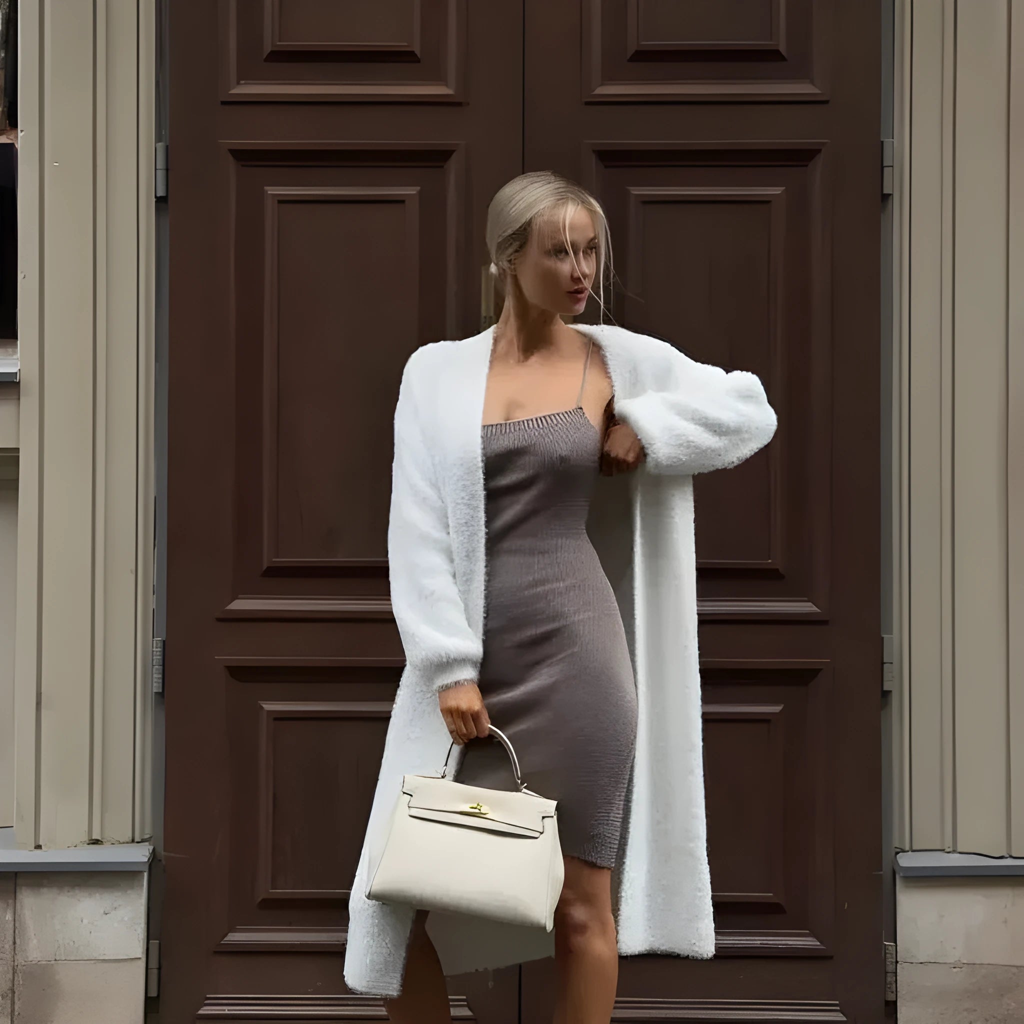 White longline women's cardigan jacket with long sleeves made from thick polyester knit fabric.