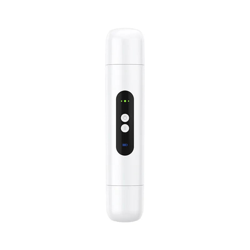Pink and white portable electric body hair trimmer depilator with USB charging cable on a plain background.