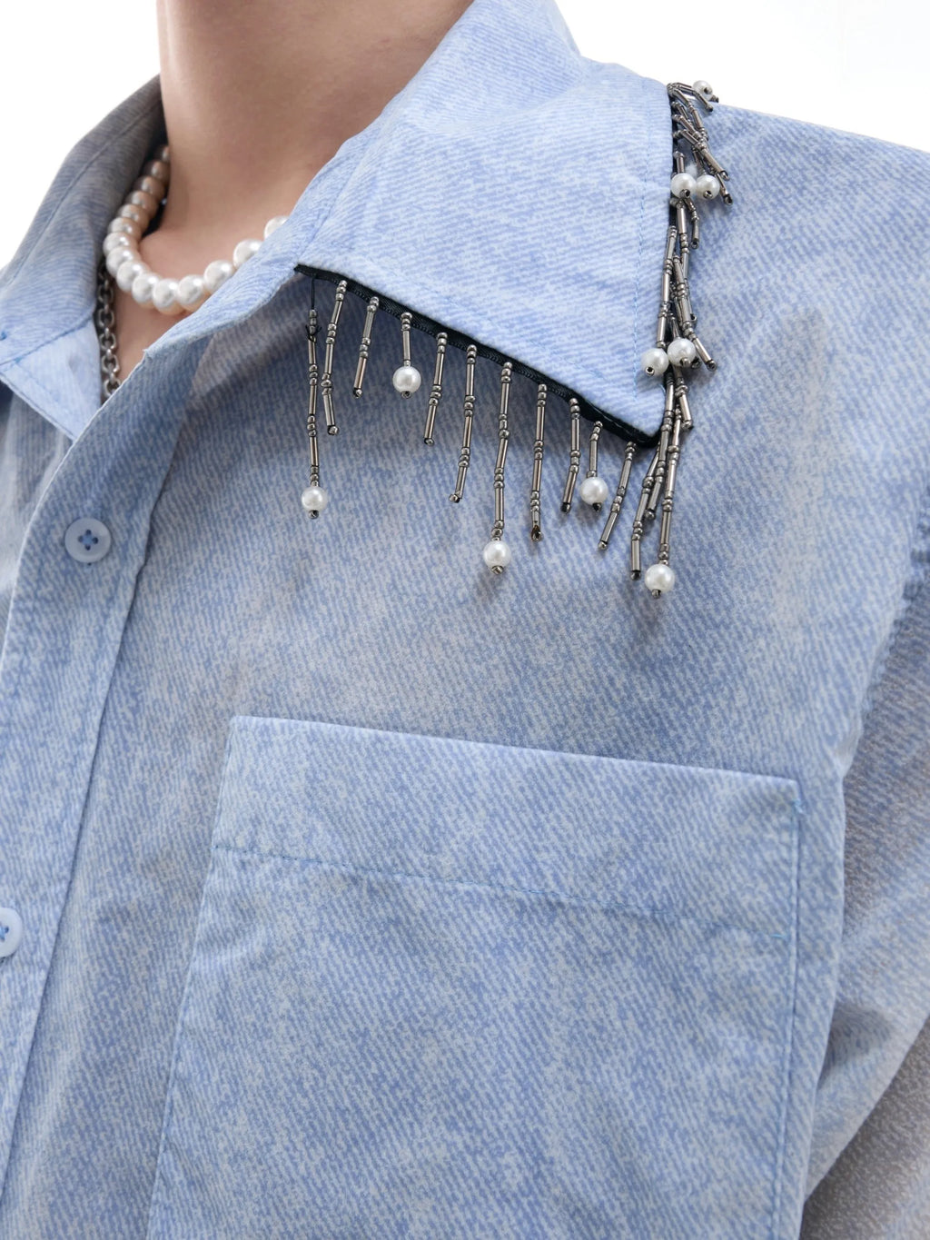 Blue and white gradient short-sleeve loose fit casual shirt for summer.