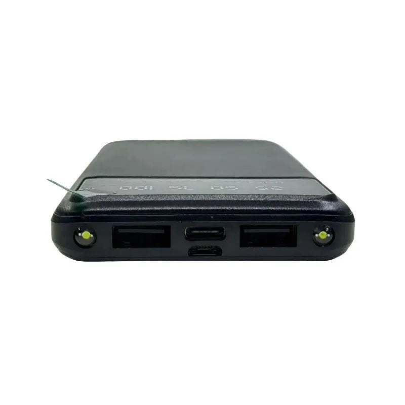 Black ultra-thin power bank measuring 67x14x140mm with 10000mAh capacity