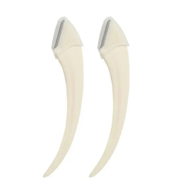Curved moon eyebrow trimming knife with cutting comb in stainless steel and plastic construction