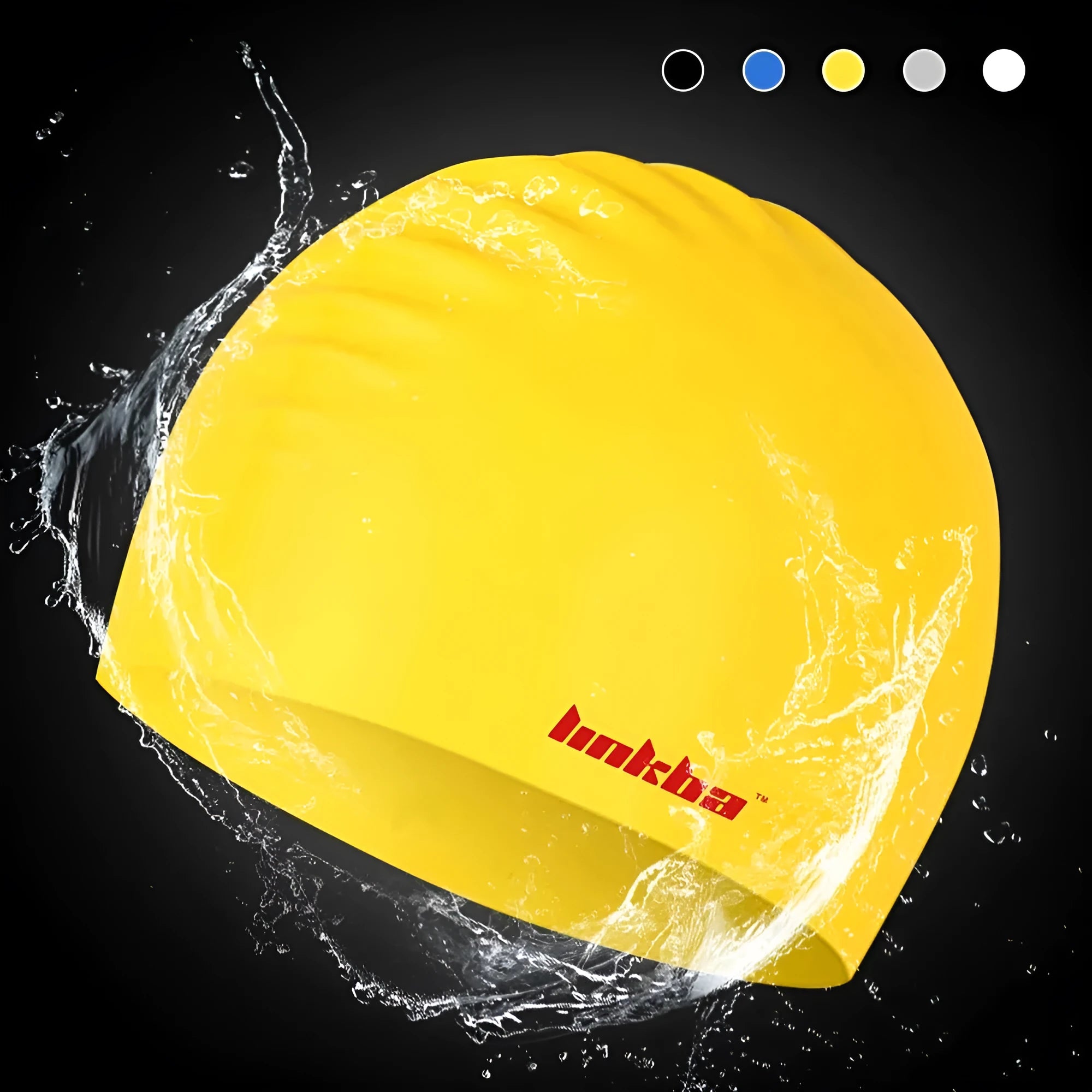 Professional silicone swimming cap with earmuff design and letter pattern in five colour options