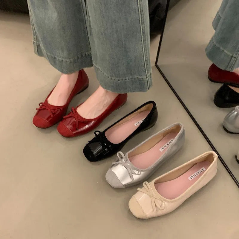 Women's wine red Mary Jane flat shoes with bow detail and square toe