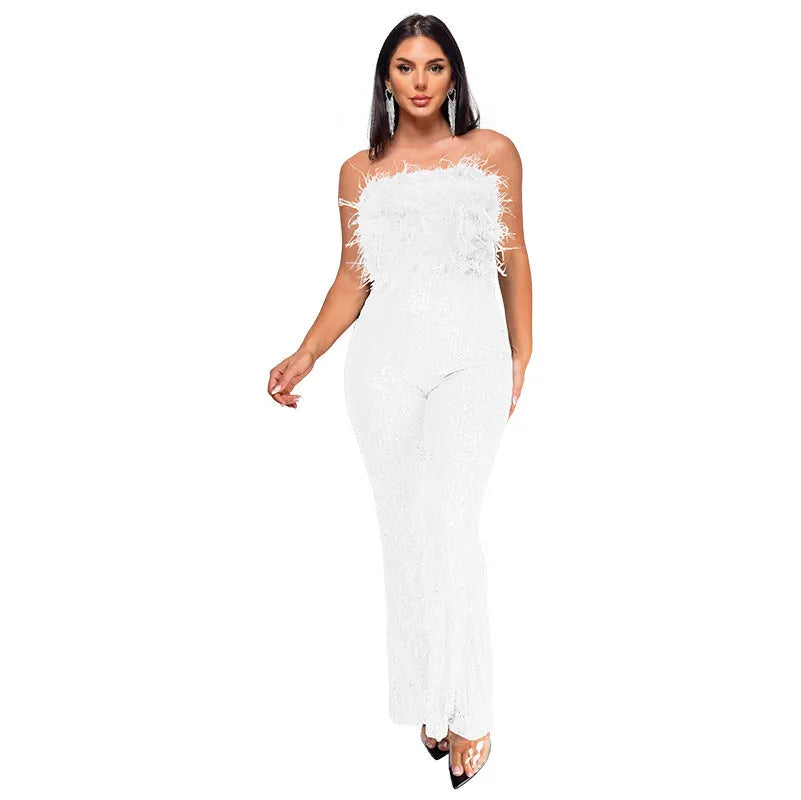 Women's sleeveless backless evening jumpsuit with flared legs and sequin collar detail