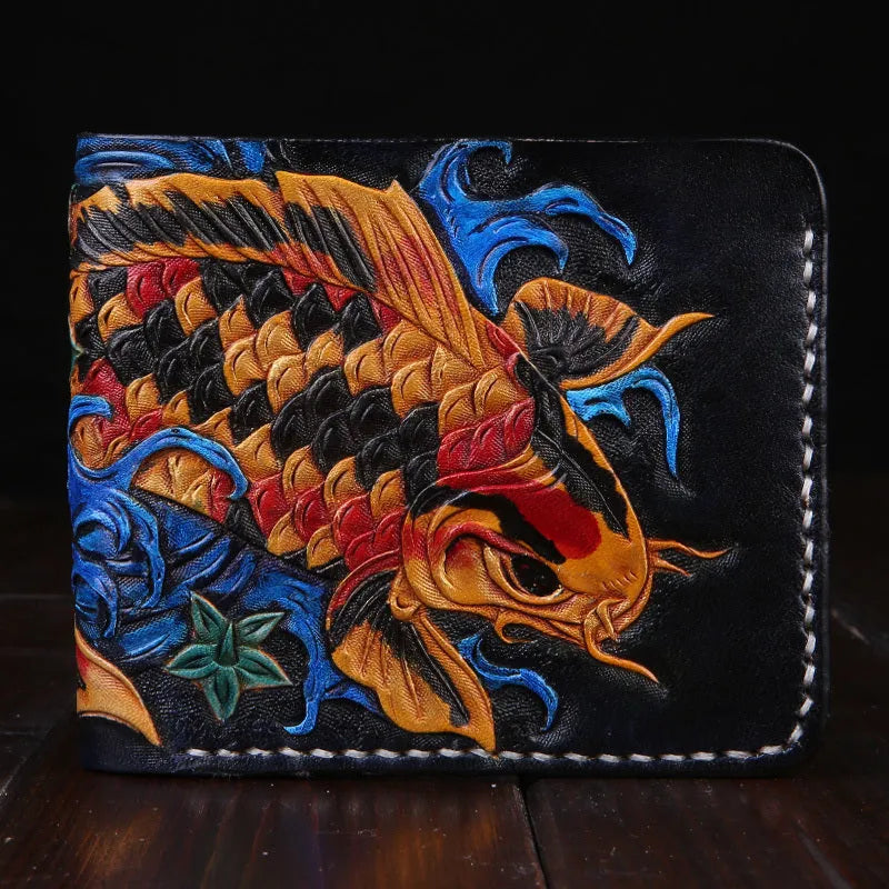 Men's hand-carved cow leather short wallet in red, blue, or gold colour, showing open closure design.