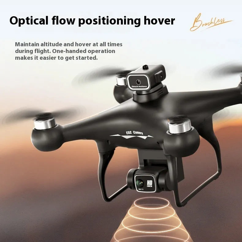 Black S116 brushless motor drone with four propellers and a camera, shown with its remote control.