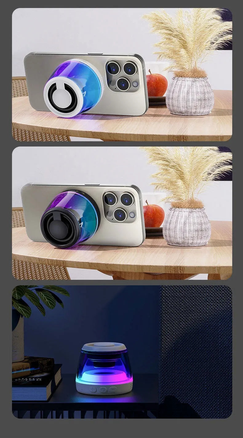 Black or white portable Bluetooth mini speaker with magnetic base and ambient light