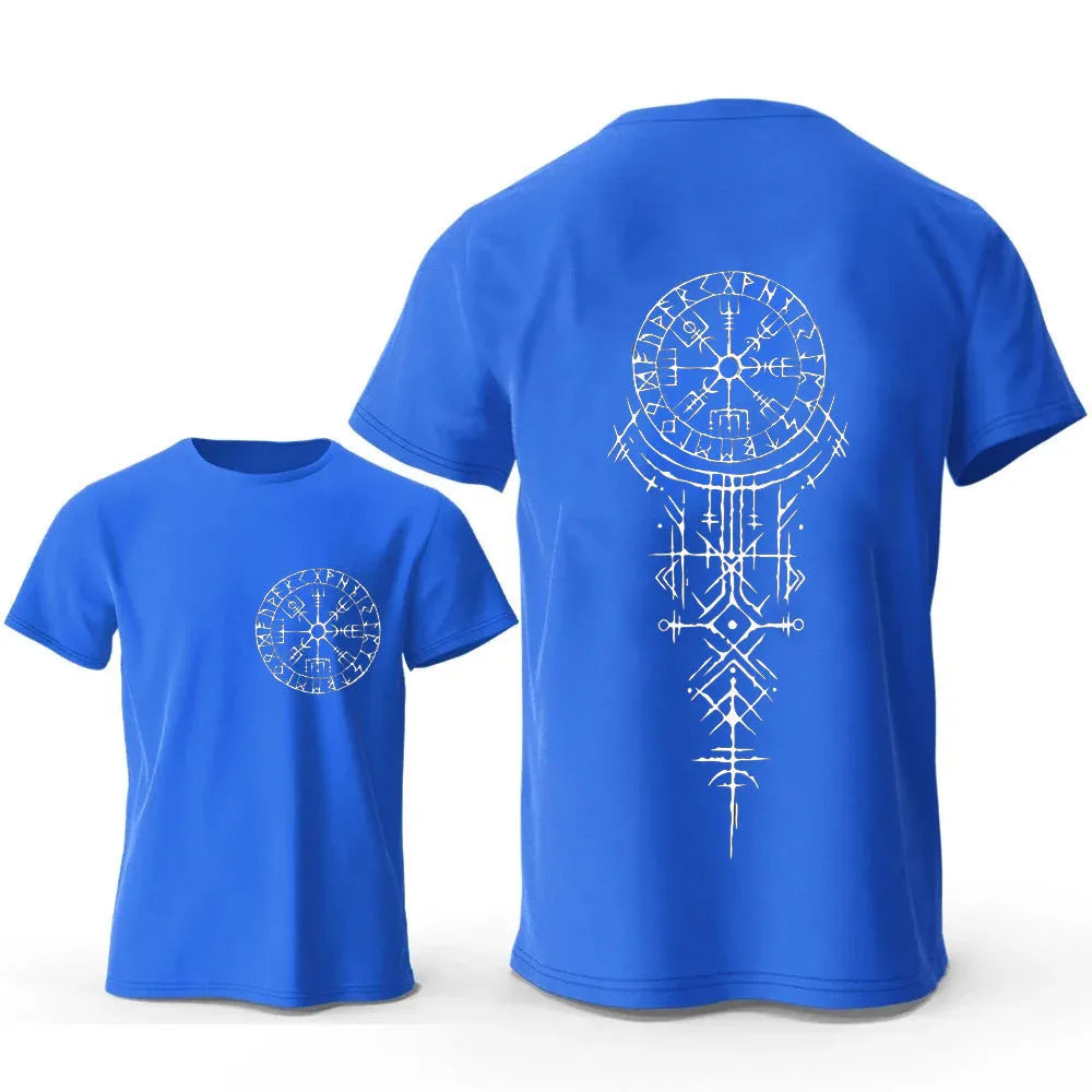 Viking rune compass graphic on a men's pure cotton T-shirt.