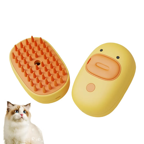 White or yellow pet steam brush with rubber teeth, water tank, and ergonomic handle for grooming dogs and cats