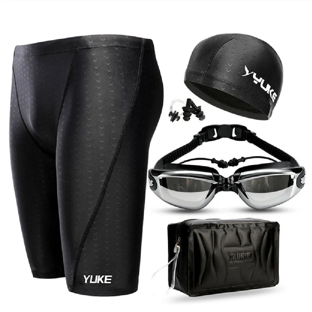 Men's black 5-piece swimming set including trunks, goggles, cap, ear plugs with nose clip, and carrying bag.