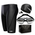 Men's black 5-piece swimming set including trunks, goggles, cap, ear plugs with nose clip, and carrying bag.