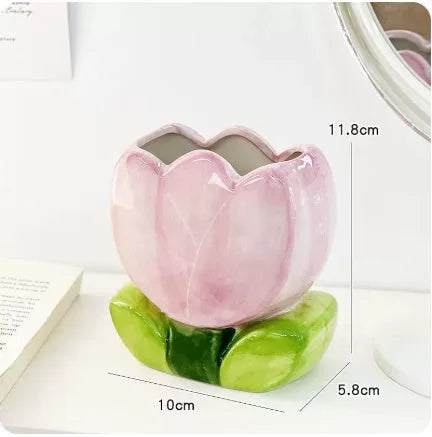 Ceramic flower pen holder storage box with floral design for desktop organisation