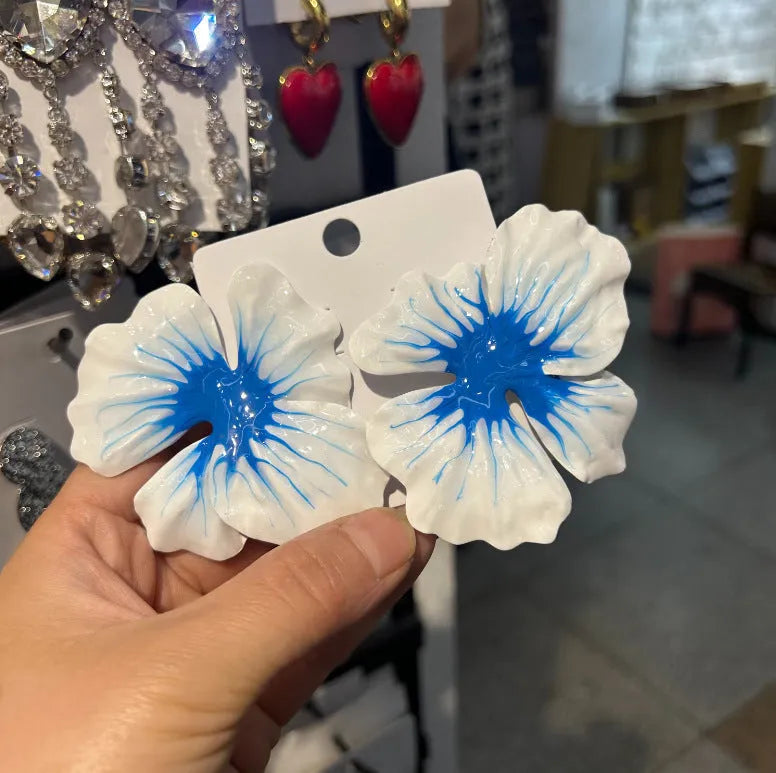 Pastoral style alloy flower stud earrings with oil-spot glaze finish in blue, green, purple, and rose colour options.
