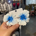 Pastoral style alloy flower stud earrings with oil-spot glaze finish in blue, green, purple, and rose colour options.