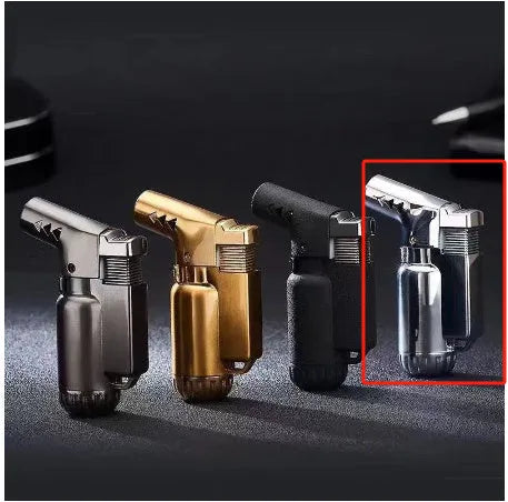 Full metal windproof punch lighter in black, gold, gray, or silver, showing its 72mm length.