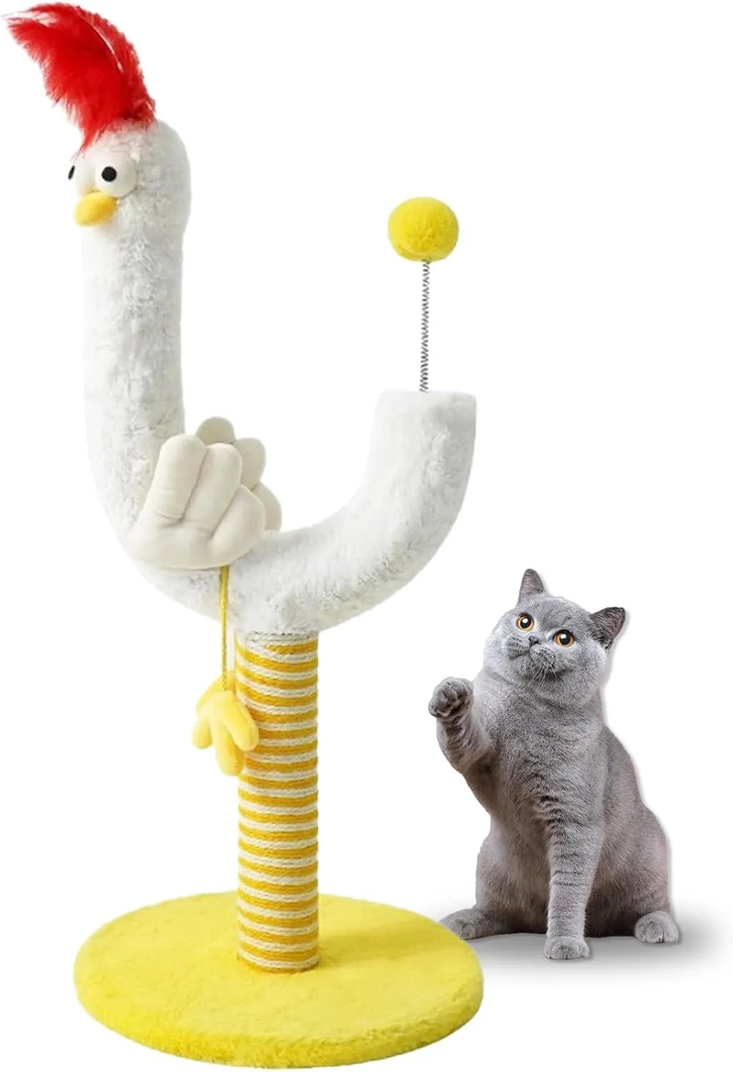Yellow vertical cat scratching post with sisal wrapping and spring ball measuring 88cm tall