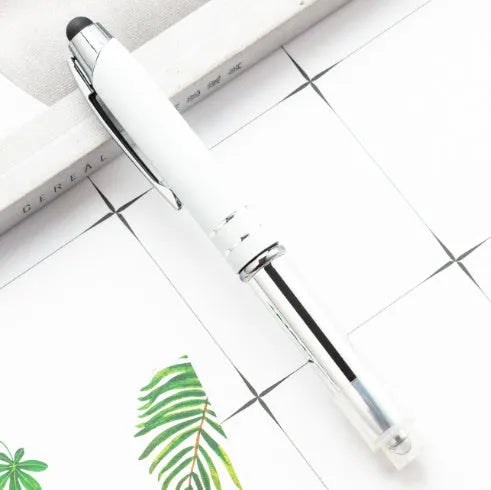 Red multifunctional metal-tipped stylus ballpoint pen with a built-in LED light.
