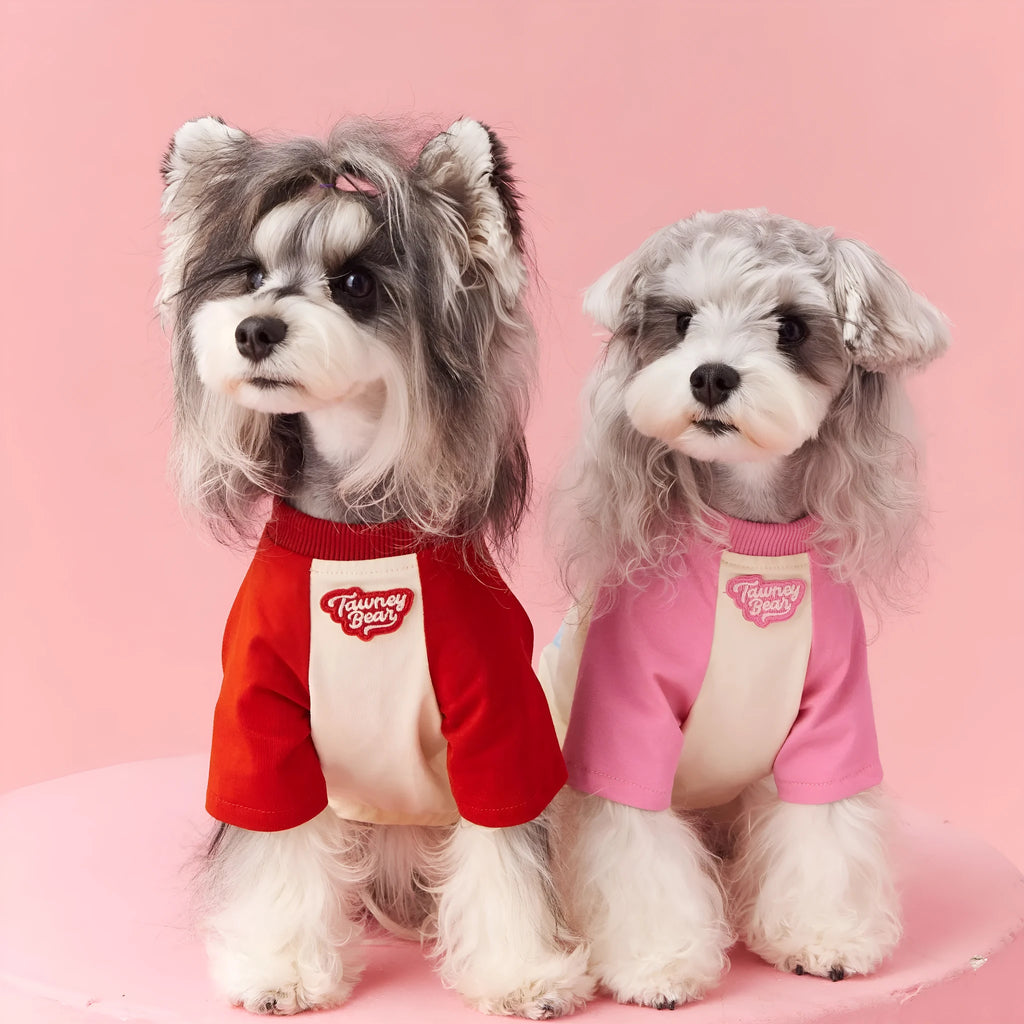 Summer dog clothes made of cotton in embroidered red, showing contrast colour details.
