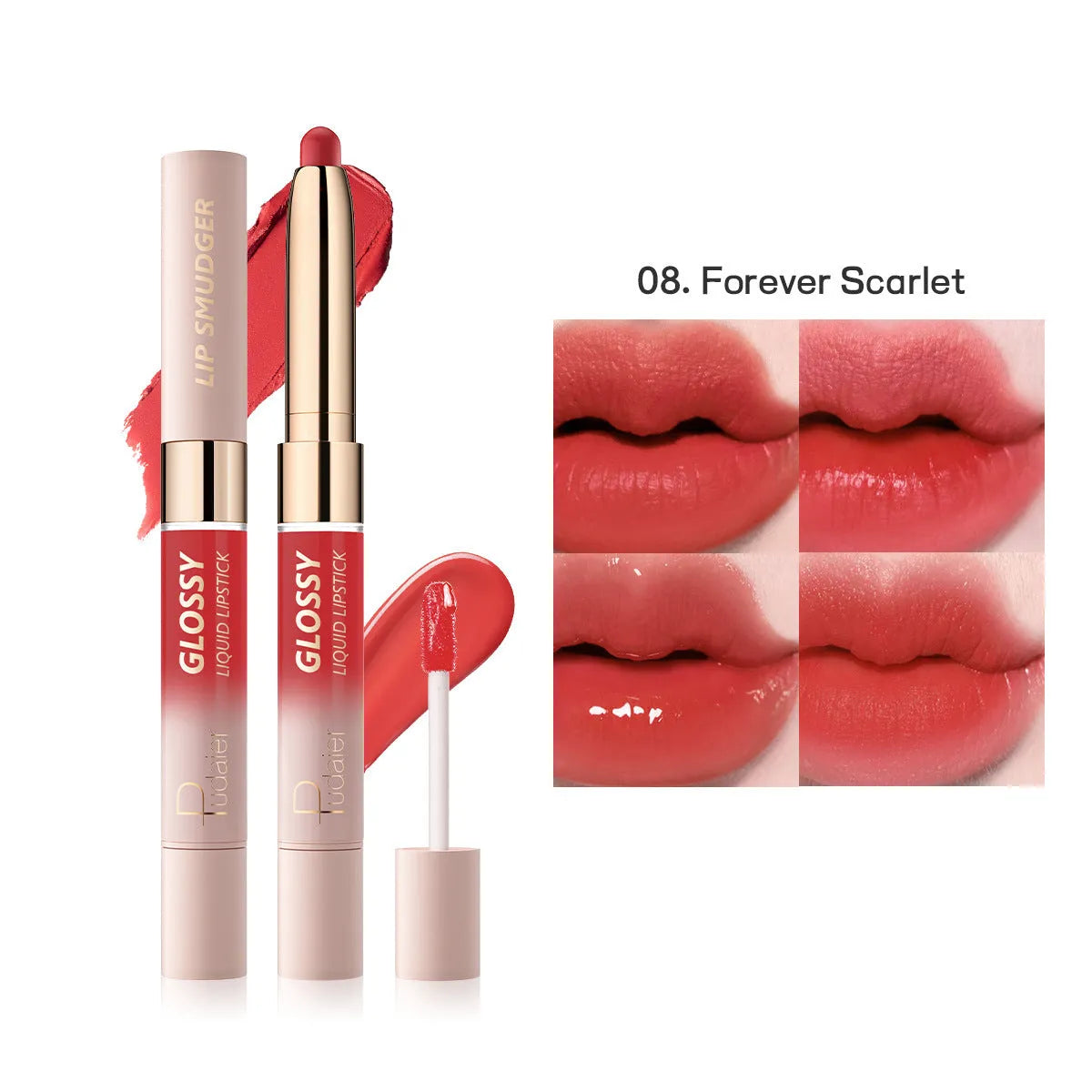 Double-headed lipstick showing matte finish on one end and matching gloss on the other