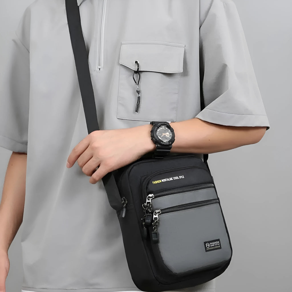 Men's nylon crossbody bag in green, black, dark blue, or grey colour with waterproof feature