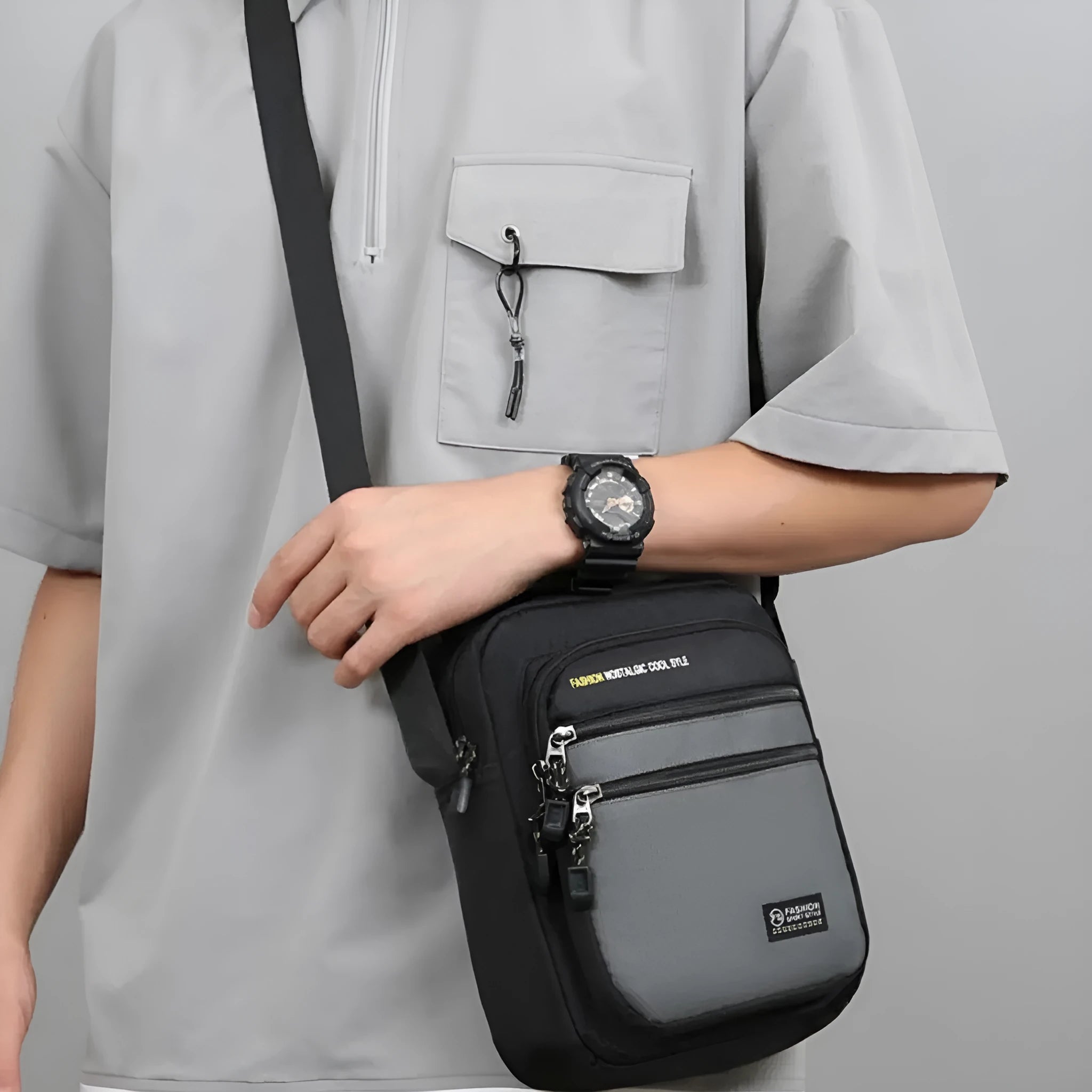 Men's nylon crossbody bag in green, black, dark blue, or grey colour with waterproof feature