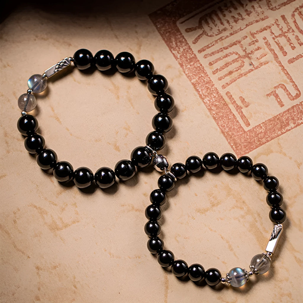 Obsidian Buddha beads couple bracelet DIY kit showing 8mm and 10mm beads for women's and men's spiritual jewellery