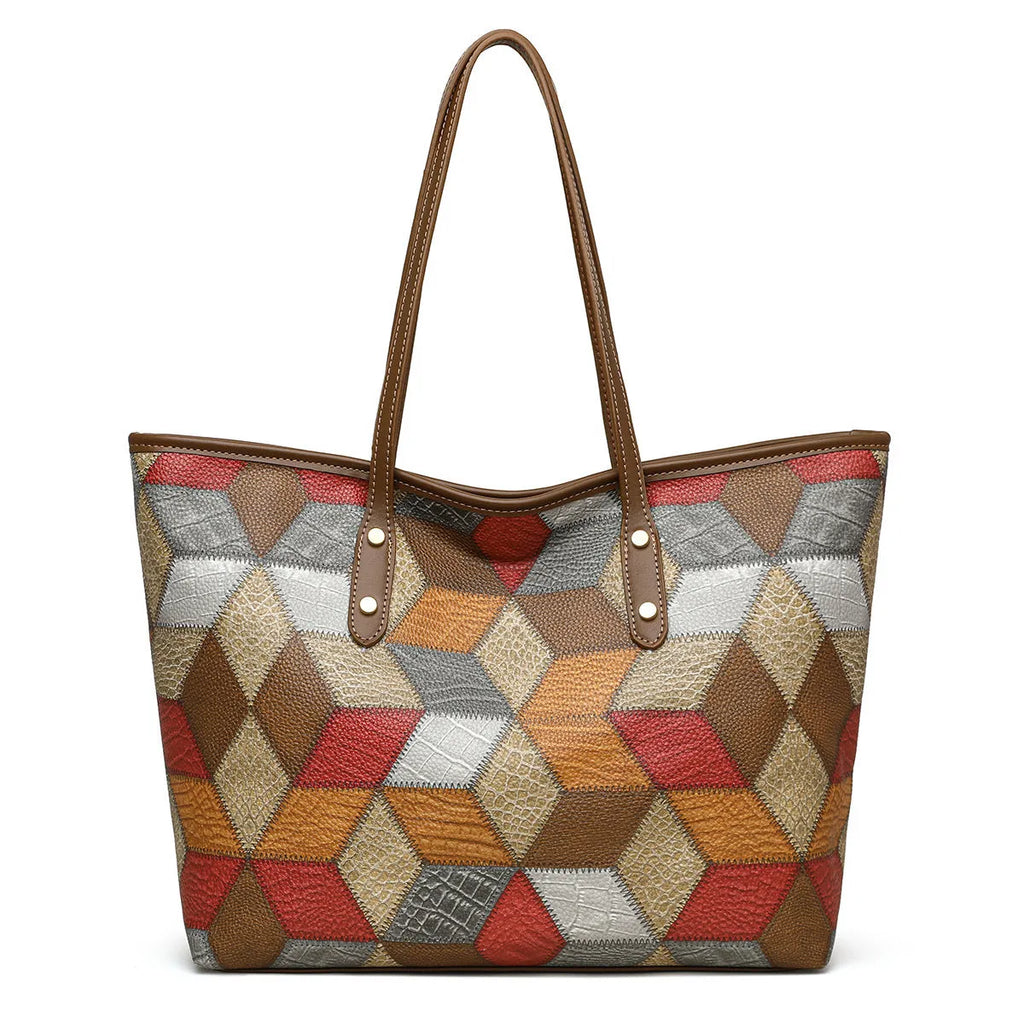 Women's large capacity PVC handbag in blue brown colour with sandwich pocket design for business and leisure use