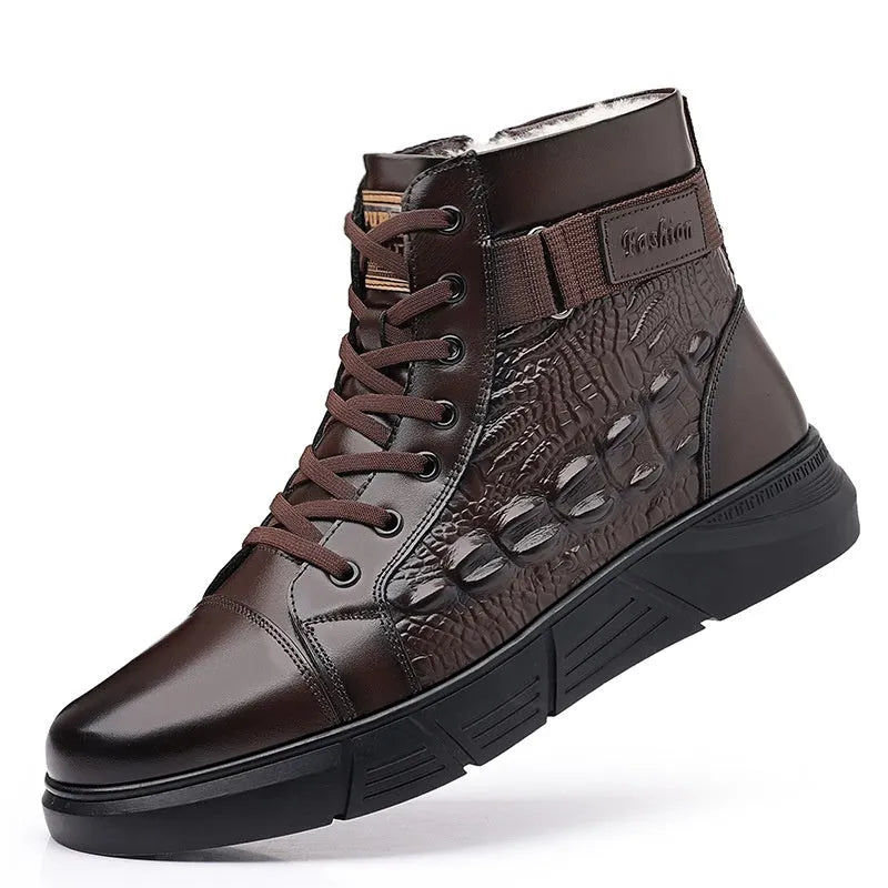 Men's black and brown genuine leather winter boots with fur lining and non-slip rubber soles