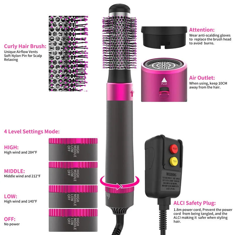 Dyson Grey coloured 5-in-1 hair dryer brush with multiple brush heads displayed beside the main unit.