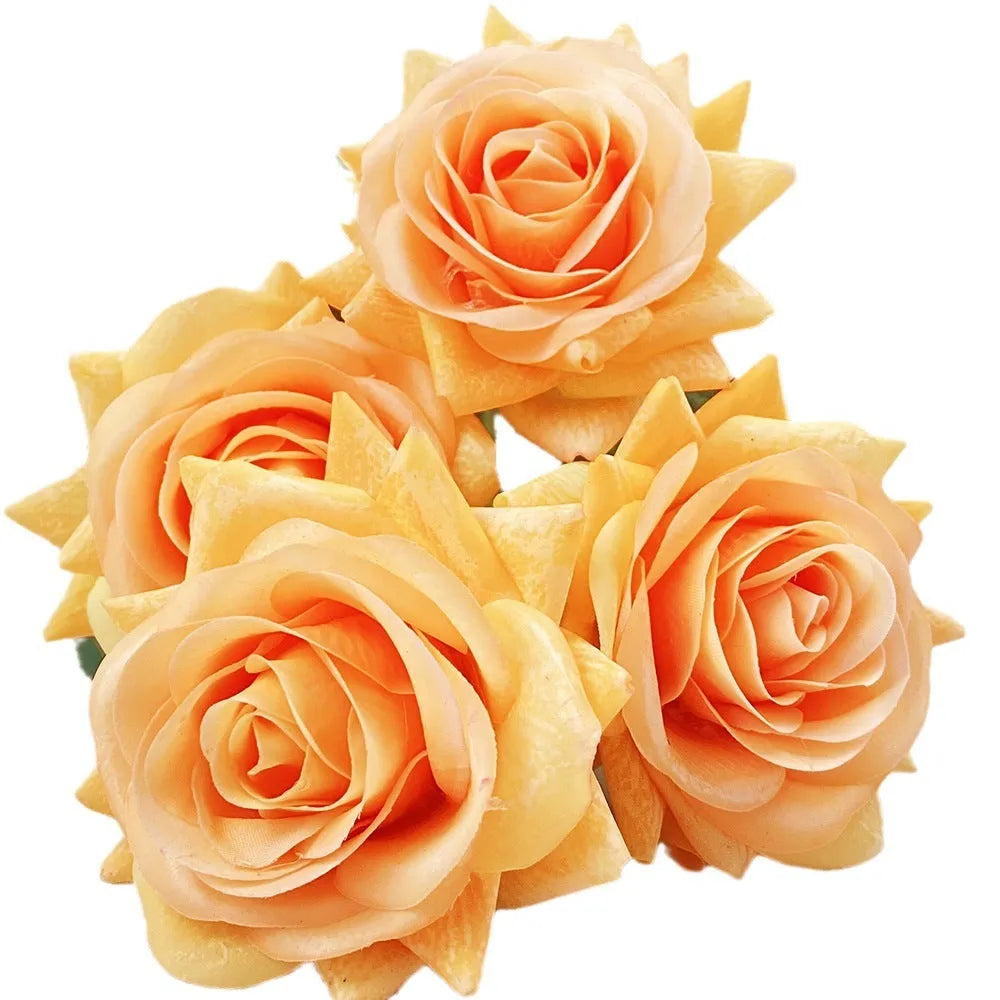 Silk artificial rose bouquet with 8.5cm flower heads in red, orange, white or purple fringe pink colours