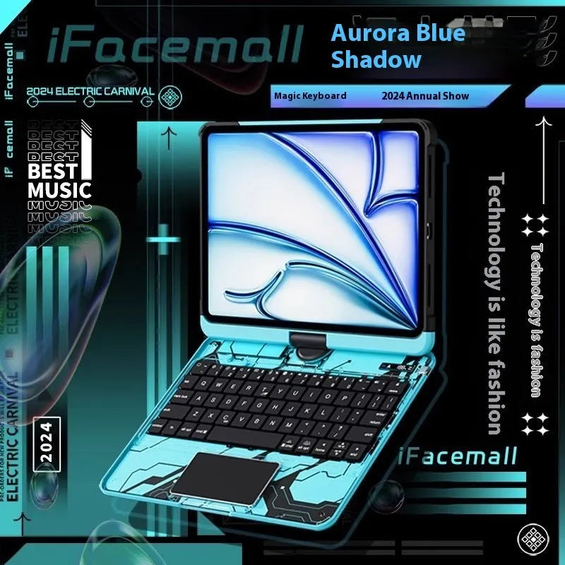 Blue PC protective case for iPad Pro 13-inch with Miaocontrol keyboard, showing mute button.