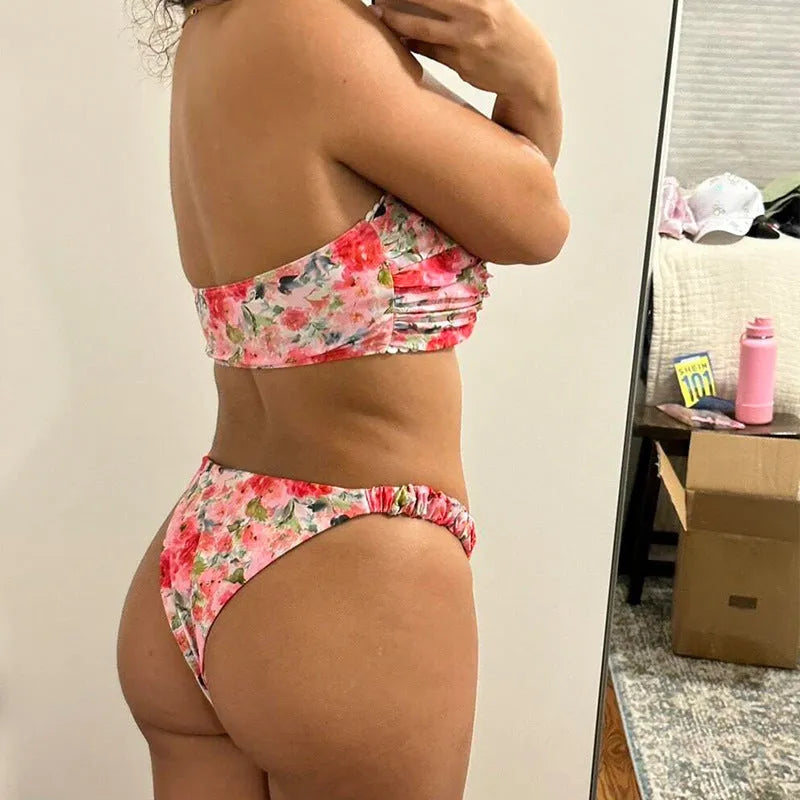 European and American style printed tube top bikini set with lace detailing and floral patterns