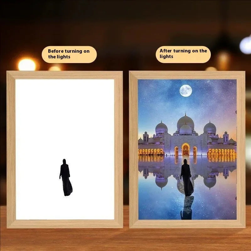 Modern rectangular LED light painting wall art with handmade frame showing illuminated design